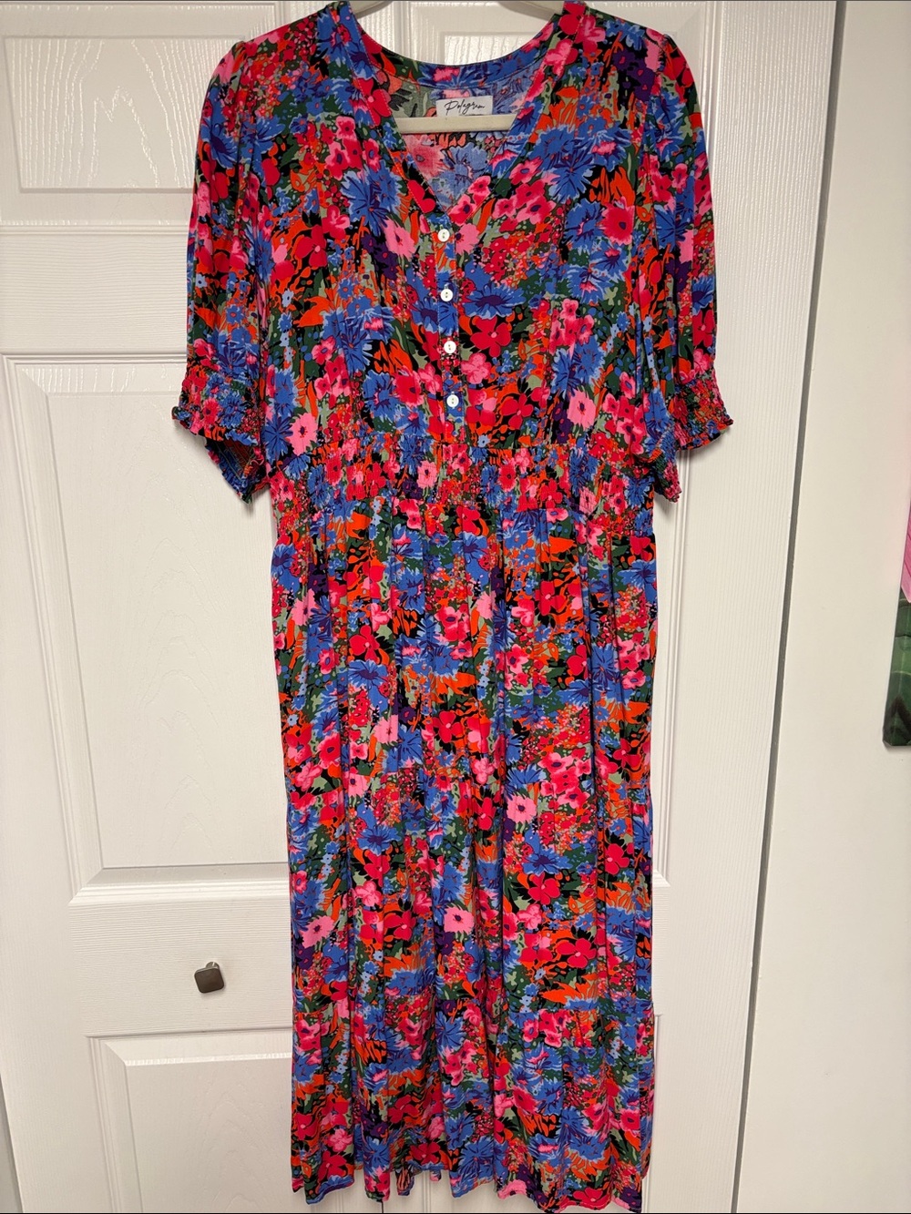 Polagram Floral Midi Dress in Pink, Blue & Red